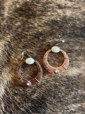 Copper-Tone Hoop Earrings with Cream Stone Accents